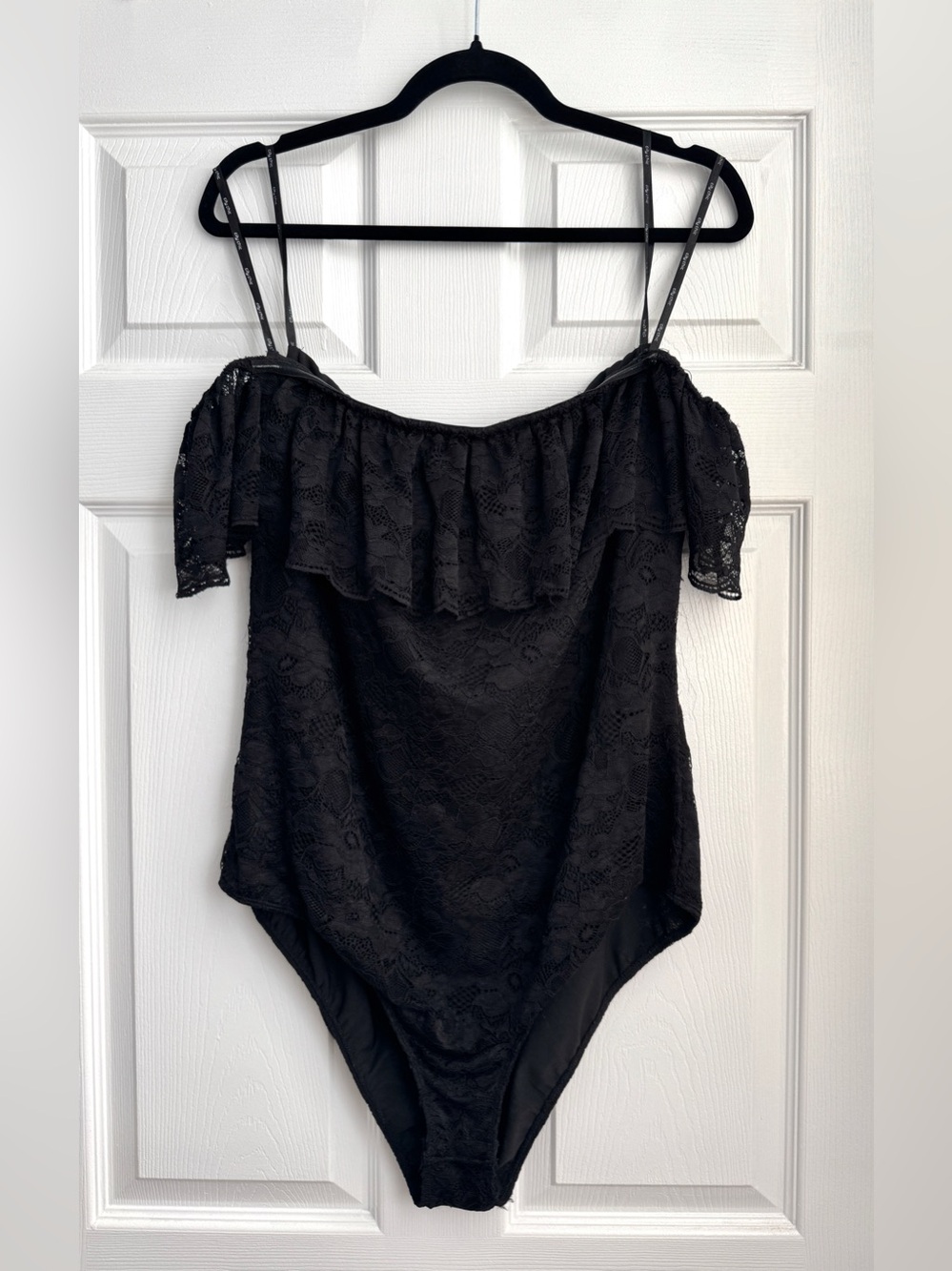 City Chic Black Lace Off-Shoulder Ruffle Bodysuit, Size 16
